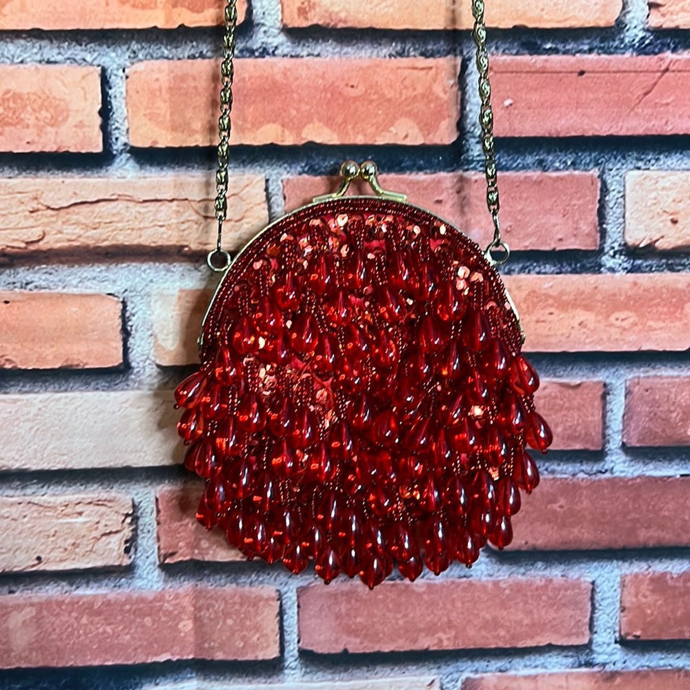 Vintage La Regale Red Beaded Crossbody Purse - (#0646)